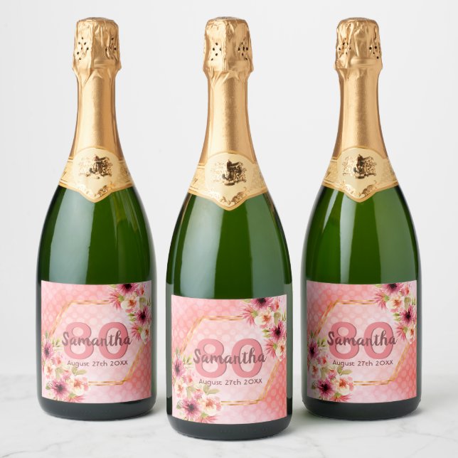 80th birthday party pink florals name sparkling wine label (Bottles)