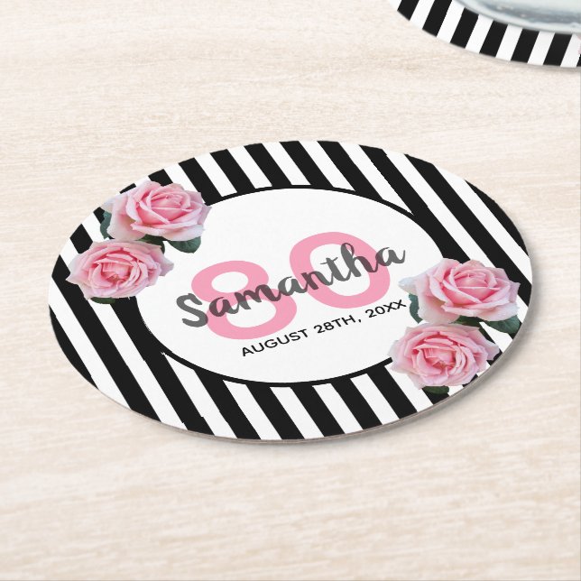 80th birthday party pink flowers black stripes round paper coaster (Angled)