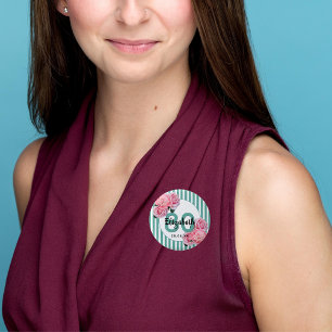 80th birthday party pink flowers teal stripes 3 cm round badge