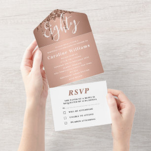 80th Birthday Party Pink Mauve Glitter Drip Modern All In One Invitation