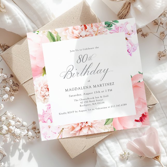 80th Birthday Party Pink Peony Floral Square Invitation (Creator Uploaded)