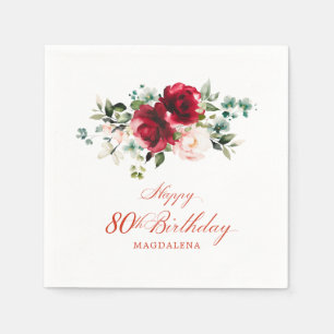 80th Birthday Party Pink Red Floral Custom Napkin