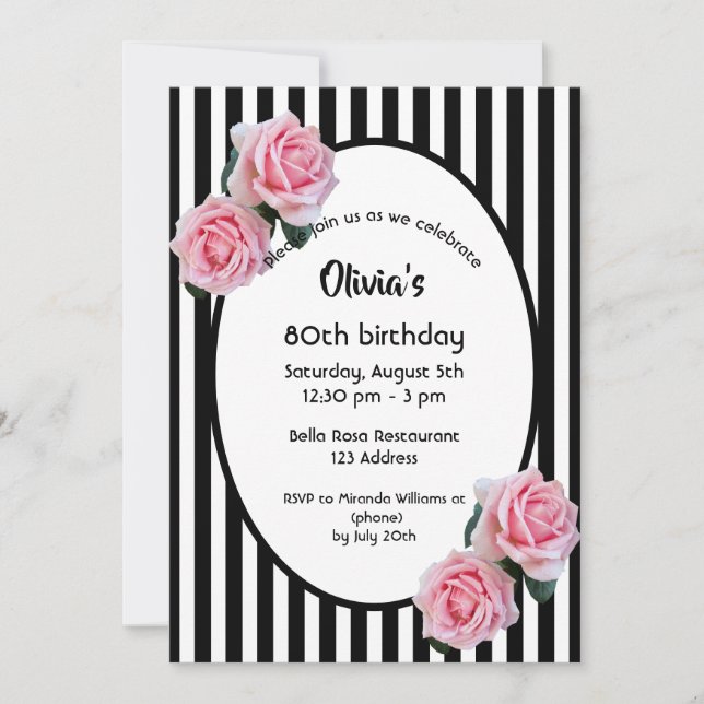 80th birthday party pink roses black white stripes invitation (Front)