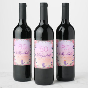 80th birthday party pink violet flowers wine label