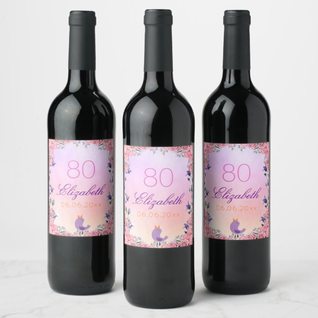 80th birthday party pink violet flowers wine label (Bottles)