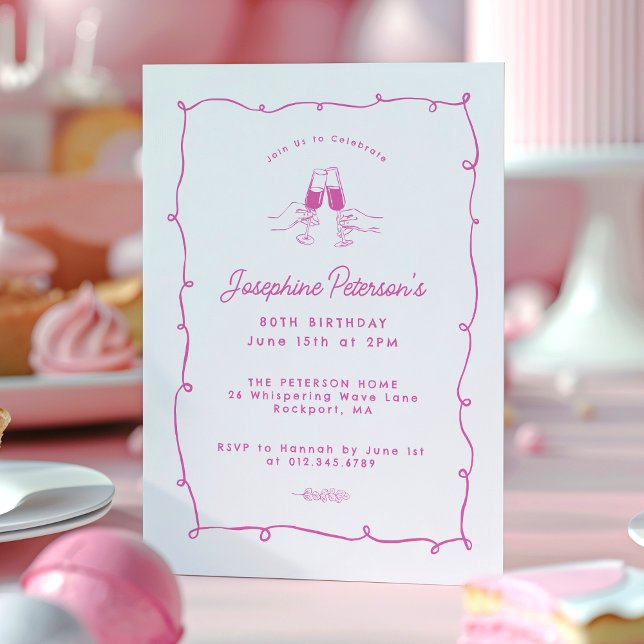 80th Birthday Party Pink Whimsical Doodle  Invitation (Creator Uploaded)