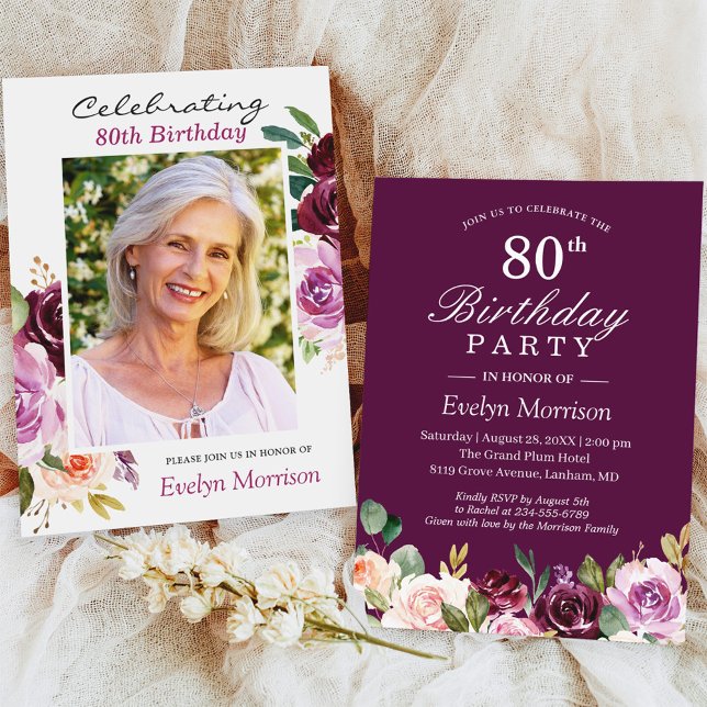 80th Birthday Party Plum Purple Blush Floral Photo Invitation (Creator Uploaded)