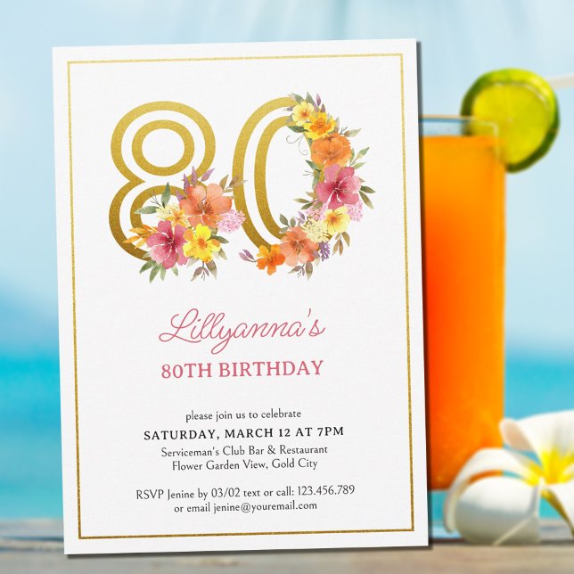 80th Birthday Party Pretty Floral Gold Number 80 I Invitation (80th Birthday Invitation from my Floral Number Birthday Party Collection)