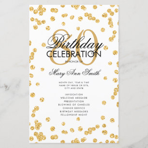 80th Birthday Party Program Gold Glitter w/ Menu