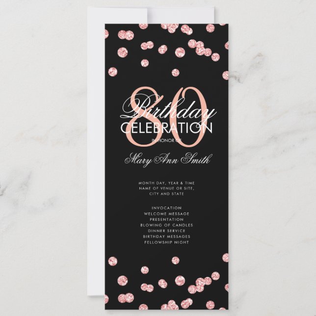 80th Birthday Party Program Rose Gold Glitter Menu Invitation (Front)