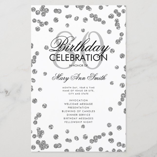 80th Birthday Party Program Silver Glitter Menu (Front)