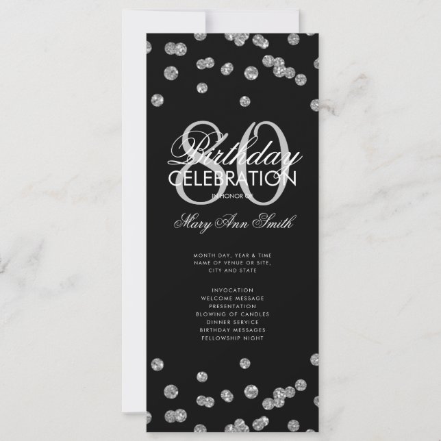 80th Birthday Party Program Silver Glitter Menu Invitation (Front)