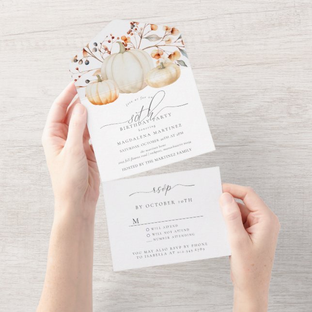 80th Birthday Party Pumpkin Fall Leaves All In One Invitation (Tearaway)