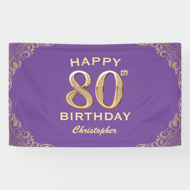80th Birthday Party Purple and Gold Glitter Frame Banner (Horizontal)