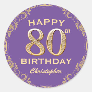 80th Birthday Party Purple and Gold Glitter Frame Classic Round Sticker