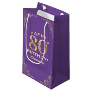 80th Birthday Party Purple and Gold Glitter Frame Small Gift Bag