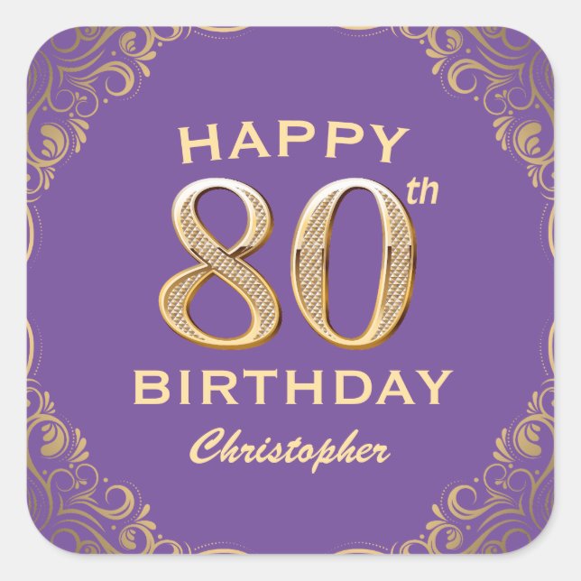 80th Birthday Party Purple and Gold Glitter Frame Square Sticker (Front)