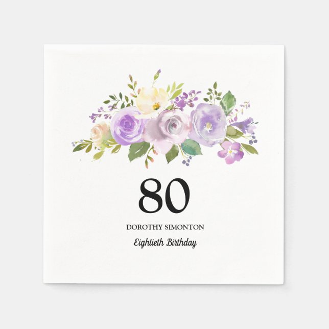 80th Birthday Party Purple Floral Napkins (Front)