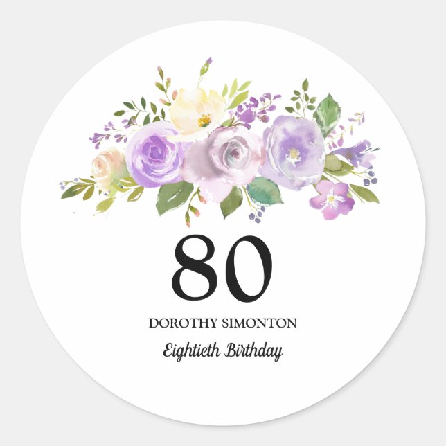  80th Birthday Party Purple Rose Floral Classic Round Sticker (Front)
