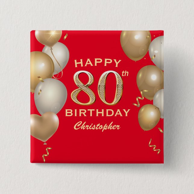 80th Birthday Party Red and Gold Balloons 15 Cm Square Badge (Front)