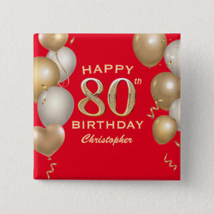 80th Birthday Party Red and Gold Balloons 15 Cm Square Badge
