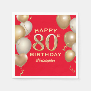 80th Birthday Party Red and Gold Balloons Napkin
