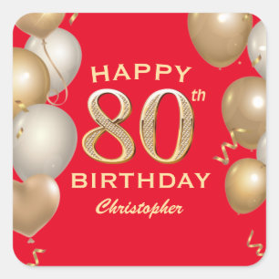 80th Birthday Party Red and Gold Balloons Square Sticker