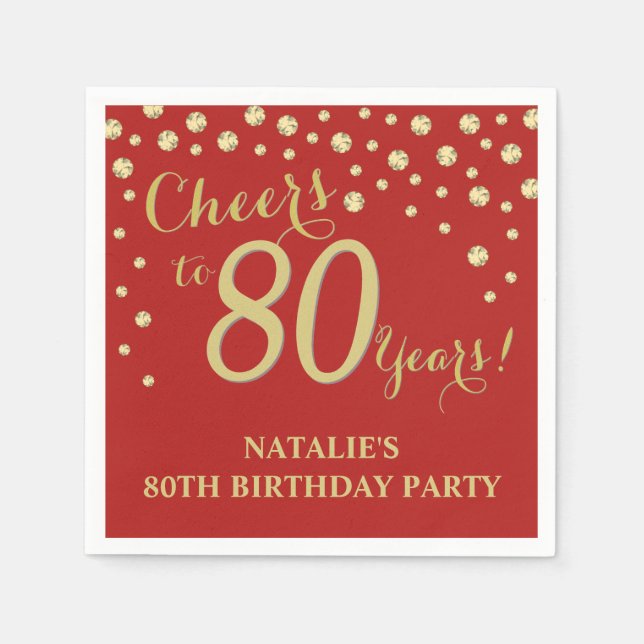 80th Birthday Party Red and Gold Diamond Napkins (Front)