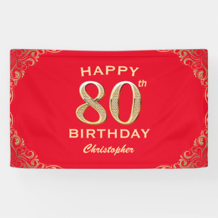 80th Birthday Party Red and Gold Glitter Frame Banner