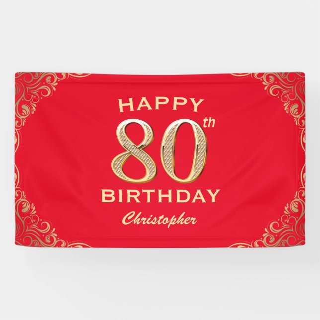 80th Birthday Party Red and Gold Glitter Frame Banner (Horizontal)