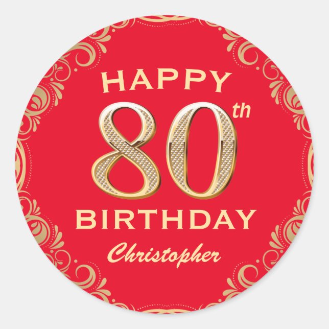 80th Birthday Party Red and Gold Glitter Frame Classic Round Sticker (Front)