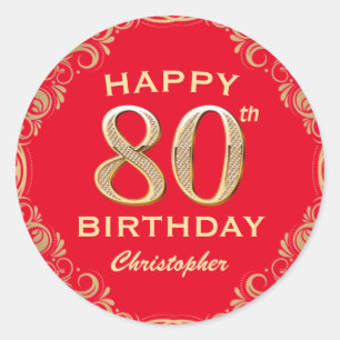 80th Birthday Party Red and Gold Glitter Frame Classic Round Sticker