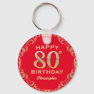 80th Birthday Party Red and Gold Glitter Frame Key Ring