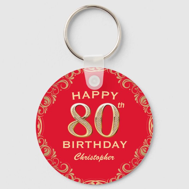 80th Birthday Party Red and Gold Glitter Frame Key Ring (Front)