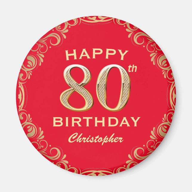 80th Birthday Party Red and Gold Glitter Frame Magnet (Front)