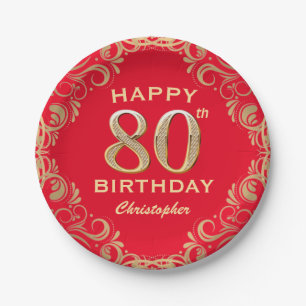 80th Birthday Party Red and Gold Glitter Frame Paper Plate