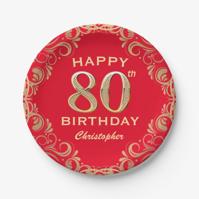80th Birthday Party Red and Gold Glitter Frame Paper Plate (Front)