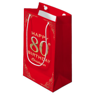 80th Birthday Party Red and Gold Glitter Frame Small Gift Bag