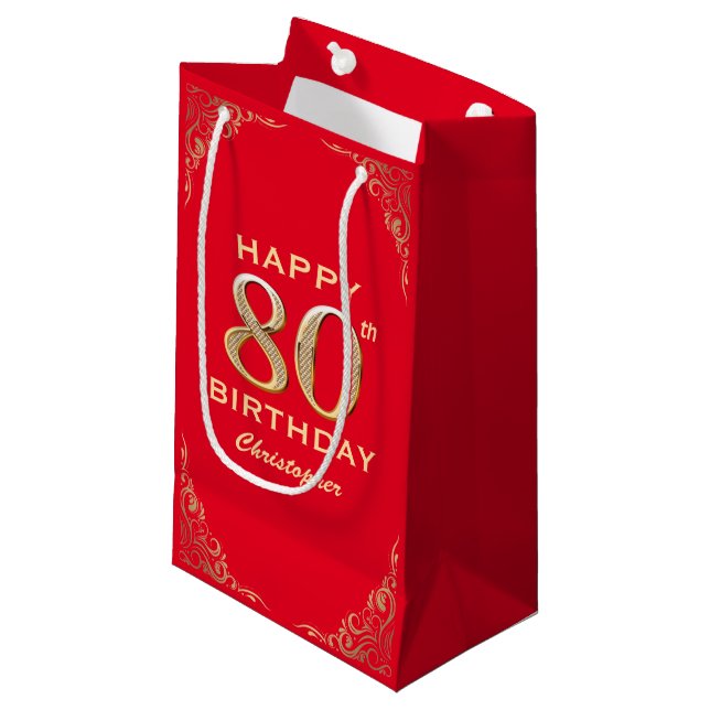 80th Birthday Party Red and Gold Glitter Frame Small Gift Bag (Front Angled)