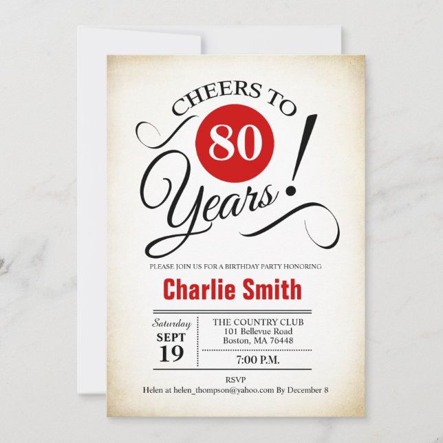 80th Birthday Party -  Red Black White Invitation (Front)