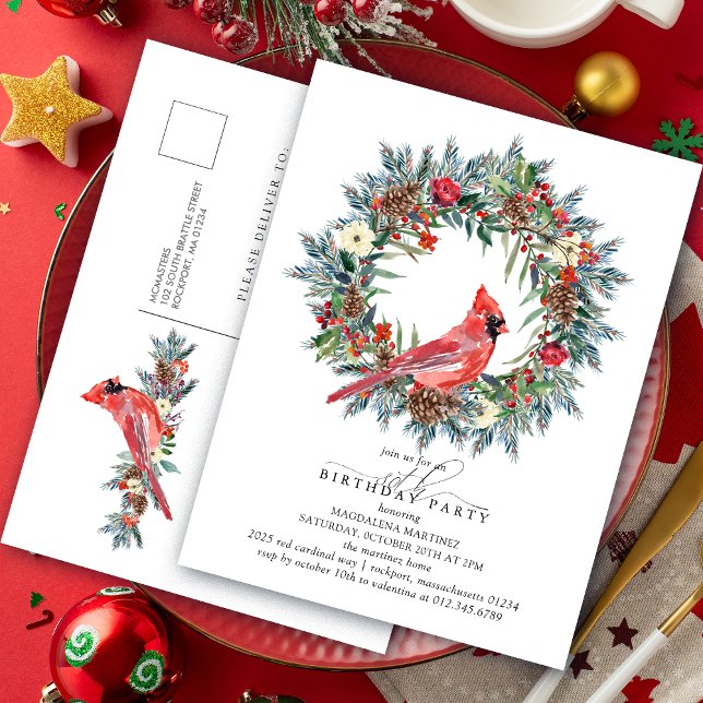 80th Birthday Party Red Cardinal Wreath Invitation Postcard (Creator Uploaded)