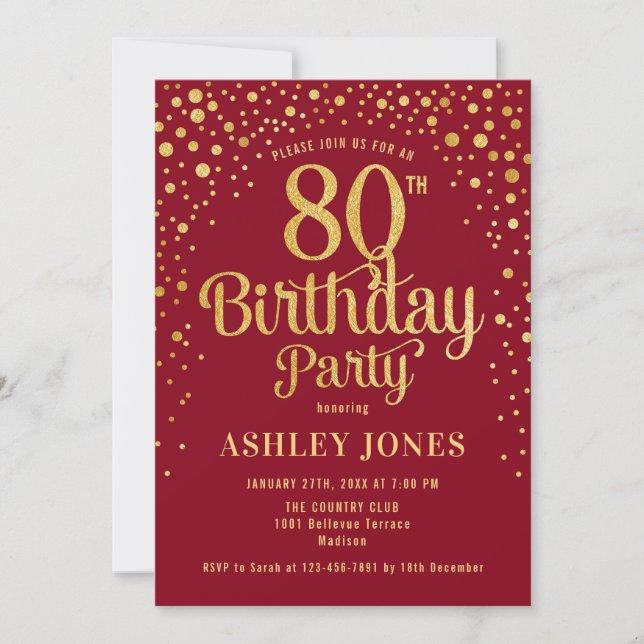 80th Birthday Party - Red & Gold Invitation (Front)