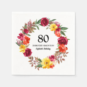 80th Birthday Party Red Orange Yellow Fall Floral Napkin