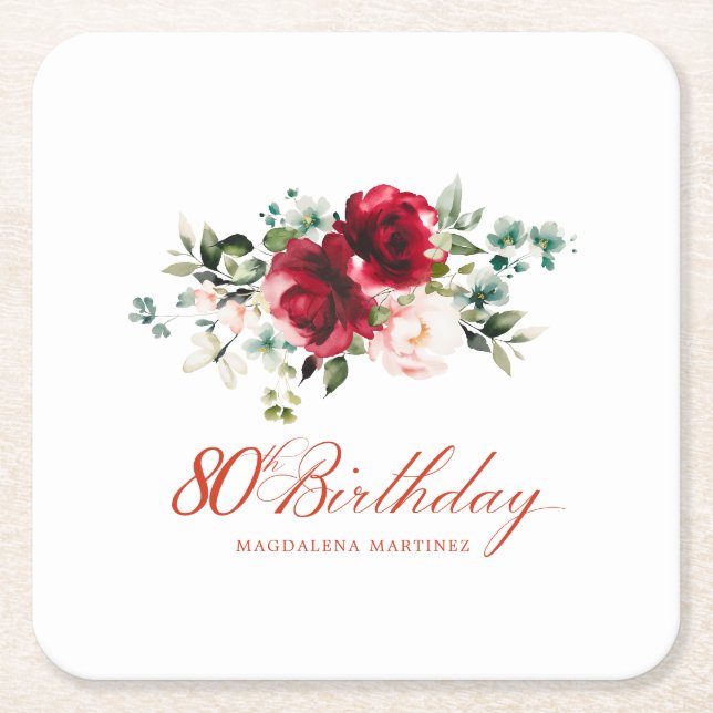 80th Birthday Party Red Pink Floral Custom Square Paper Coaster (Front)