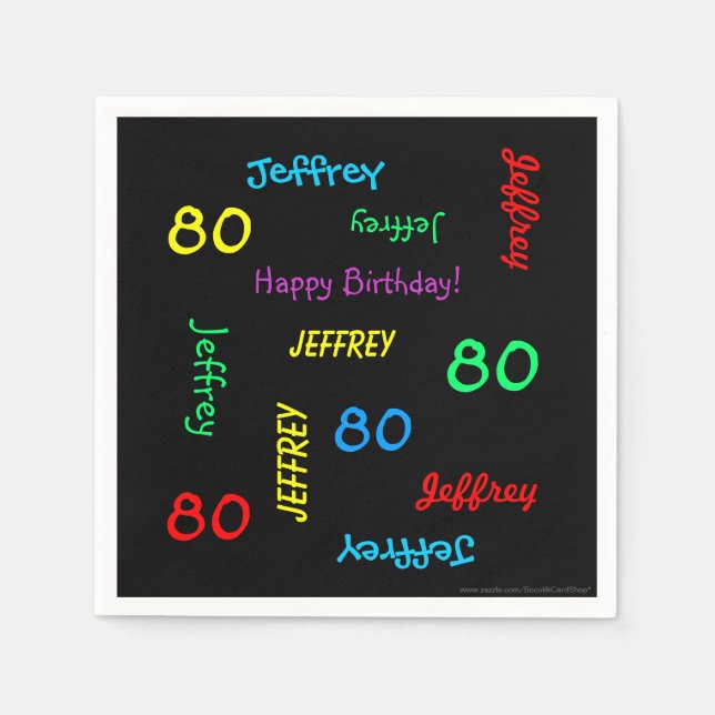 80th Birthday Party Repeating Names, Black Paper Napkin (Front)
