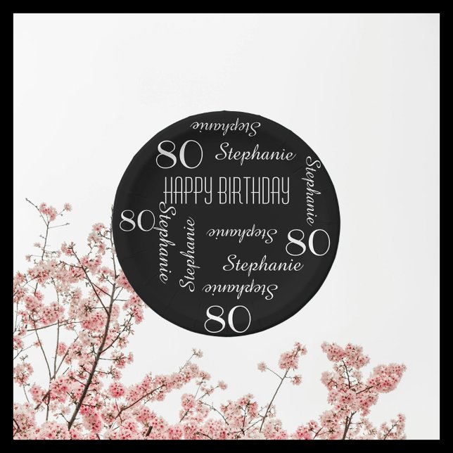 80th Birthday Party Repeating Names Black White  Paper Plate (Creator Uploaded)