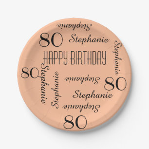 80th Birthday Party Repeating Names Peach Fuzz Paper Plate