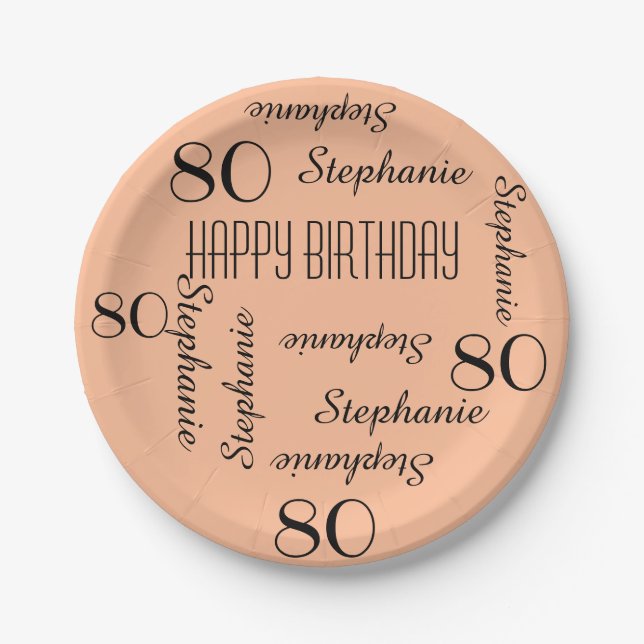 80th Birthday Party Repeating Names Peach Fuzz Paper Plate (Front)