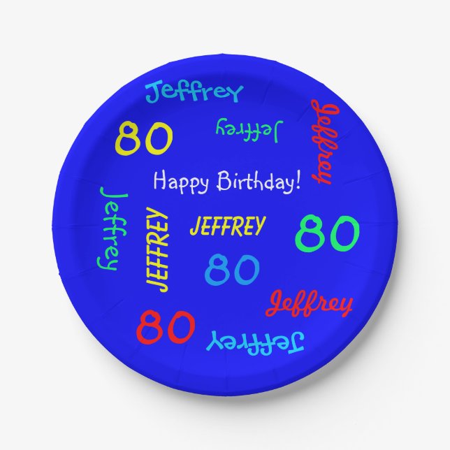 80th Birthday Party, Repeating Names, Royal Blue Paper Plate (Front)