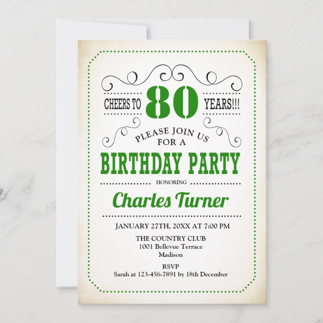 80th Birthday Party - Retro Creamy White and Green Invitation (Front)